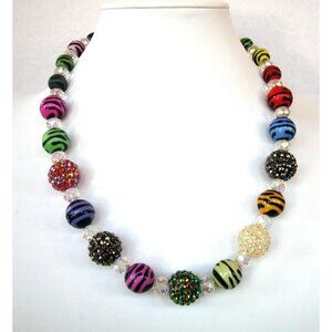Colorful Chunky Bead Necklace With Rhinestone & Zebra Stripe Beads Adjustable 20